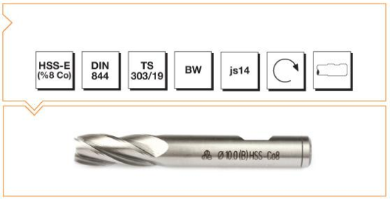 HSS - E (%8Co) DIN 844 B/W Silindirik Saplı Parmak Freze - KISA