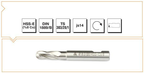 HSS - E (%8Co) DIN 1889/B Silindirik Saplı Küresel Kalıpçı Freze - KISA